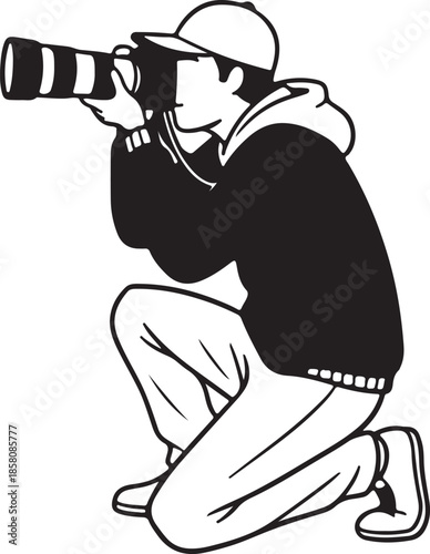 Professional Photographer Crouching with Telephoto Camera - Black and White Icon