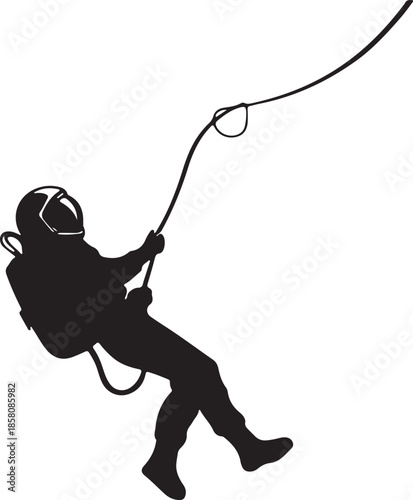 Astronaut in Spaceman Suit Climbing on Rope Silhouette Isolated
