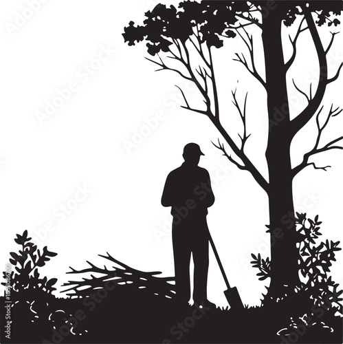 Gardener Silhouette Working Under Tree with Shovel and Pile of Branches