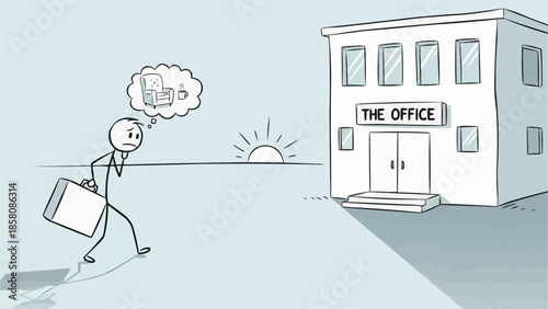 Stick figure businessman thinking about work while walking to the office building.