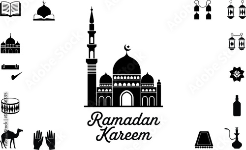 Islamic mosque and Ramadan Kareem text with cultural