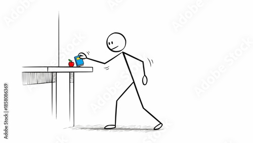Stick figure cleaning a table with a sponge.