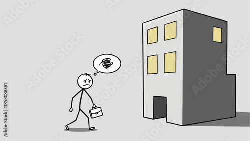 Stick figure feeling overwhelmed outside office building.