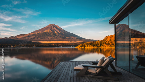 Tranquil Mountain Lakefront Retreat with Modern Architecture and Autumn Foliage at Golden Hour