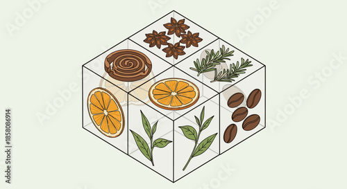 Isometric illustration of a cube displaying various aromatic ingredients like star anise, cinnamon, rosemary, orange slices, tea leaves, and coffee beans.