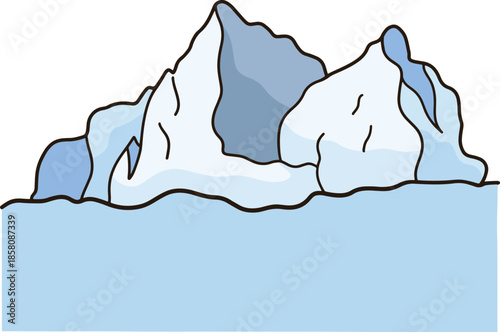 Cartoon iceberg in the middle of the sea with a transparent background.