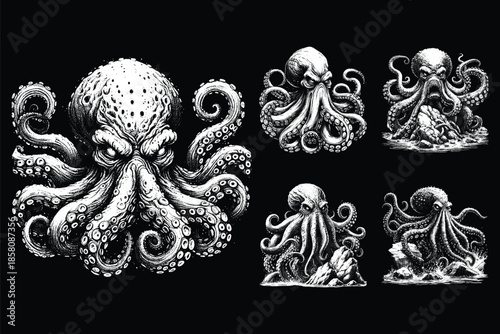 Set Bundle Hand Drawn Gold Fish Aquatic Black White Vintage Dark Art for Tattoo and Clothing illustration