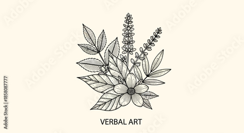 Detailed black and white line art illustration of a floral bouquet with various leaves and flowers, featuring the text 'VERBAL ART' below.