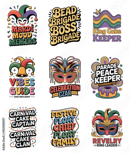 Mardi Gras Collection Of 9 Festive Designs With Masks Jester Hats And Beaded Titles carnival