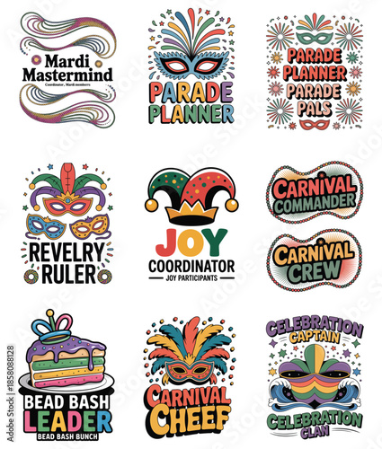 Mardi Gras themed cartoon logos with text and illustrations Keywords: Mardi Gras, carnival