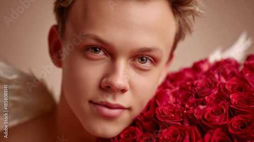 A young cupid holds a bouquet of red roses. Happy Valentine's Day.