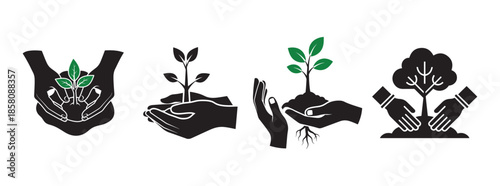 Growing Plant in Hands Icon Set, Ecology Environment and Nature Care Vectors