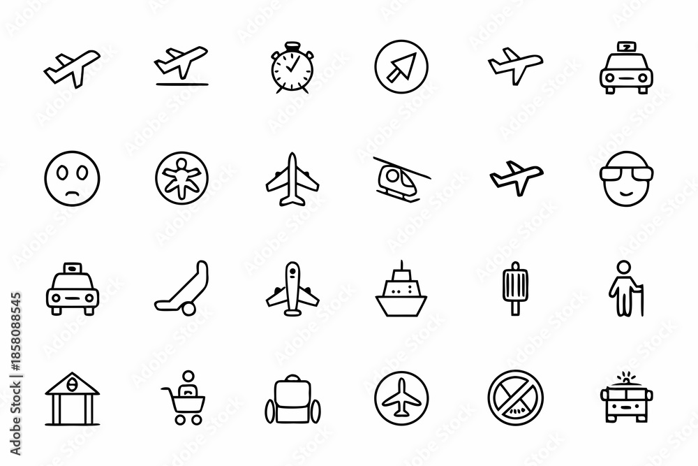 Fototapeta premium A sleek collection of minimalist line art icons featuring aviation and airport transportation elements.