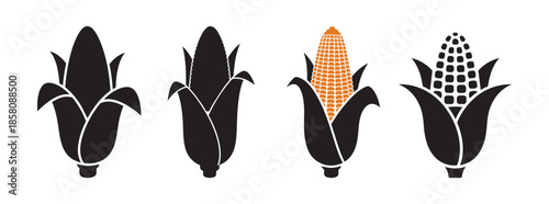 Corn Cob Icon Set, Fresh Maize Vegetable Silhouette and Outline Vectors