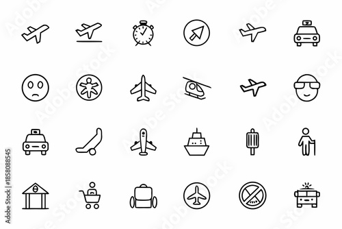 A sleek collection of minimalist line art icons featuring aviation and airport transportation elements.