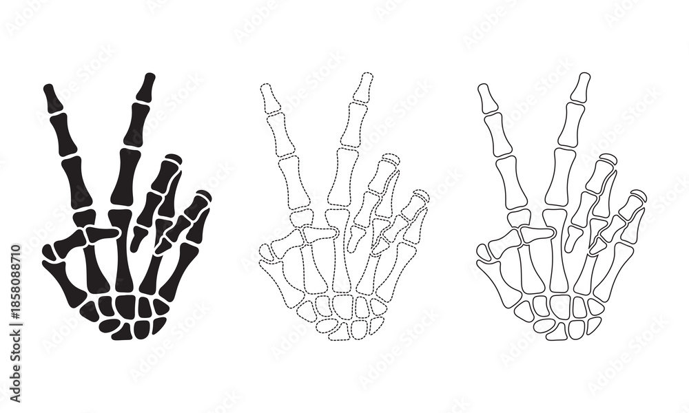 Obraz premium Skeleton hand peace sign vector icons set, anatomical victory gesture in silhouette and outline style