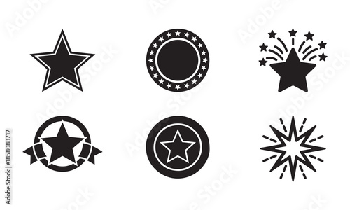 Collection of black star icons and celebration symbols, set of flat vector star silhouettes for rewards and ratings