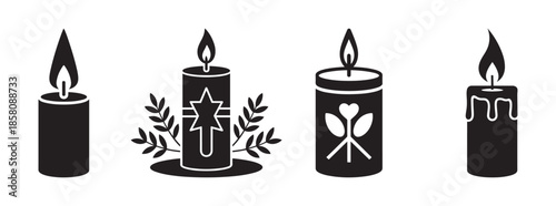 Burning candle icons set with religious and memorial symbols, black silhouette candles for peace and remembrance