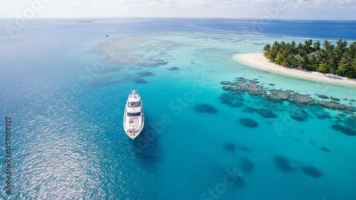 Luxury Yacht Anchored in Tropical Paradise Island Lagoon.
