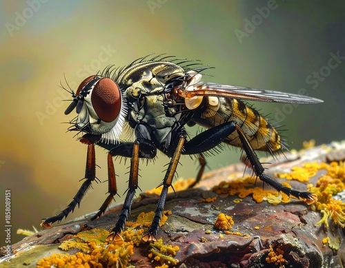 Macro shot of a detailed fly with prominent red eyes perched on a branch