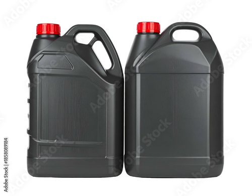 Two dark plastic jugs with red caps stand side-by-side