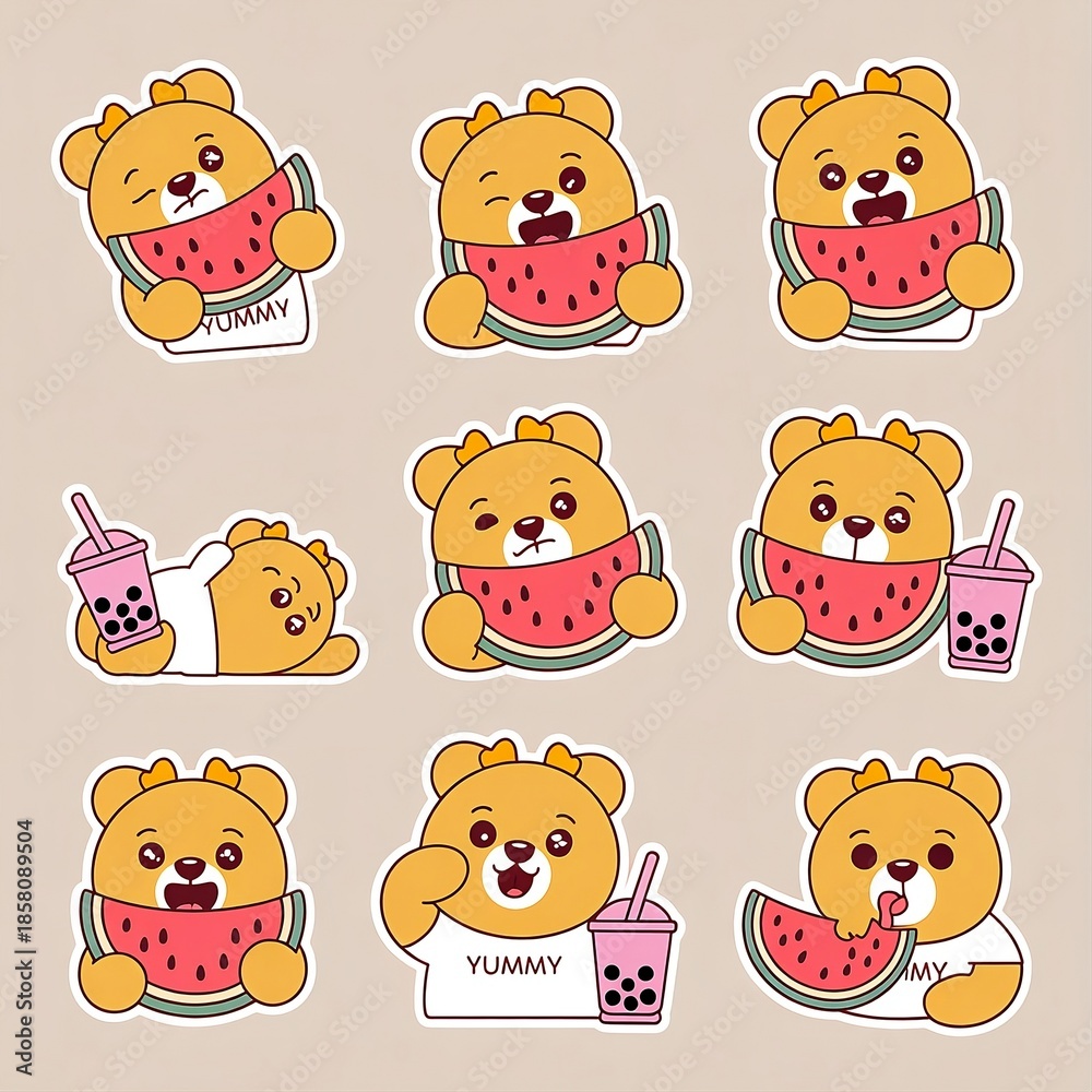 Fototapeta premium Cute cartoon bear stickers enjoying watermelon and boba tea