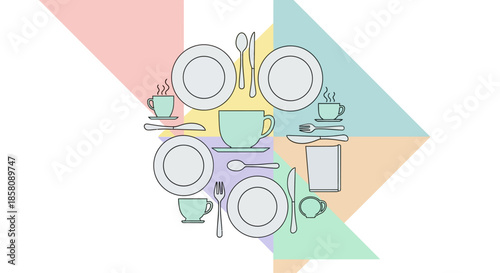 Minimalist illustration of dining place settings with plates, cups, and cutlery arranged in a circle on a pastel geometric background.