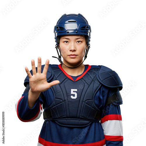 Female Hockey Player in Protective Gear Showing Hand Gesture for Five in Studio Setting
