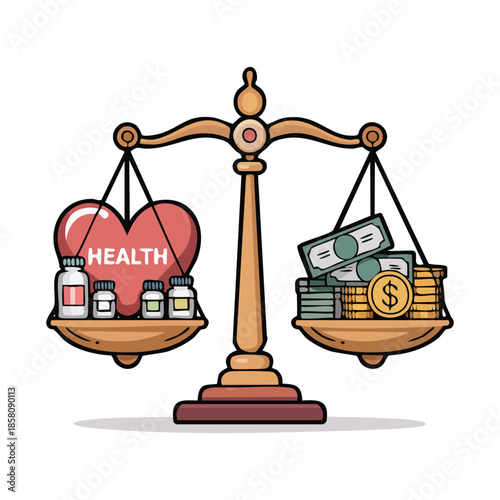 Healthcare and Money Balance Scale Illustration, Hand-Drawn Medical Cost and Finance Concept, Cartoon Health Insurance and Economy Icon
