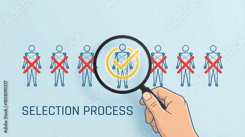 The image depicts a hand holding a magnifying glass over a row of stick figures highlighting one chosen candidate amidst many rejected applicants illustrating the