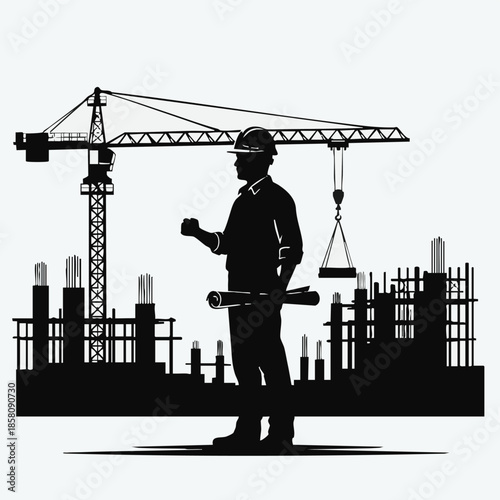Construction Site Silhouette Engineer with Blueprints and Crane.