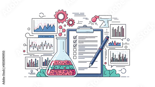 Scientific research concept with a laboratory flask, clipboard checklist, and various data charts and graphs for analysis and reporting.