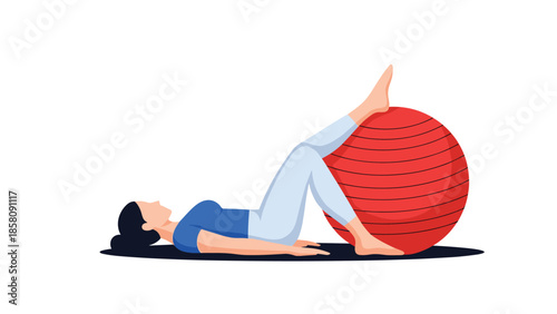Woman doing a glute bridge exercise with her legs on a large red fitness ball, as part of a pilates or home workout routine.