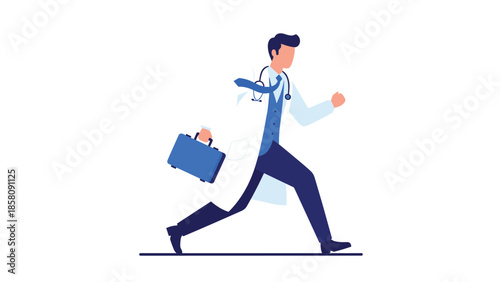 Male doctor with a stethoscope and medical bag running to an emergency, symbolizing rapid response and urgent healthcare services.
