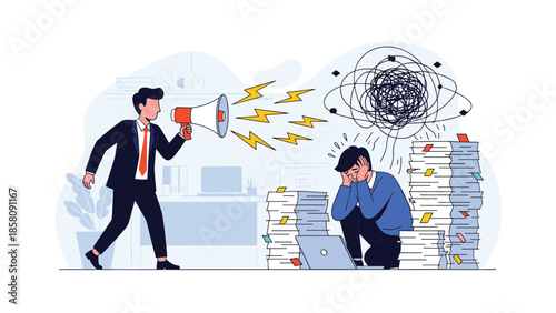 Angry boss yelling with a megaphone at a stressed and overworked employee sitting amongst piles of paperwork in an office.