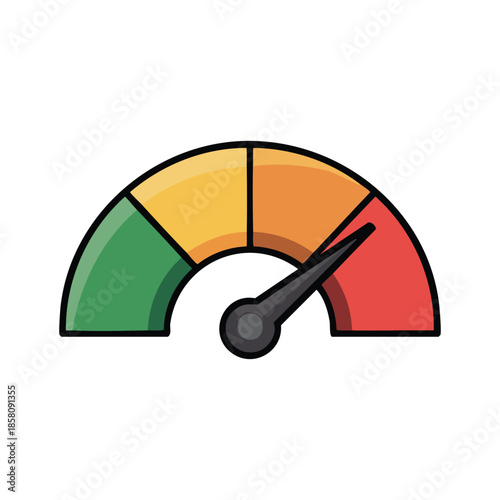 Performance Gauge Meter Illustration, Speedometer Icon with Color Segments, Cartoon Credit Score and Risk Level Indicator Concept Vector