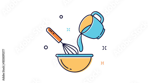 Simple animated icon of pouring liquid from a measuring cup into a mixing bowl with a whisk for cooking or baking.