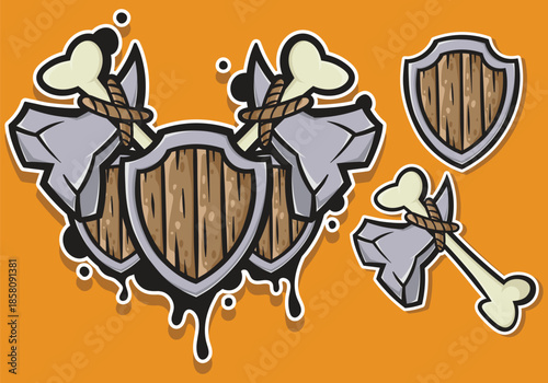 Primitive Prehistoric Stone Axe and Wooden Shield Vector Illustration