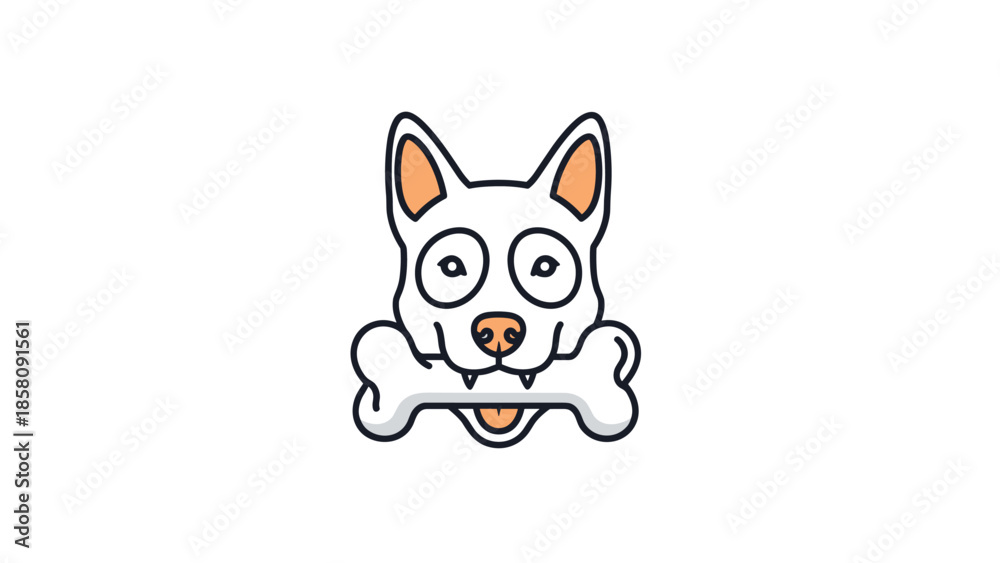 Fototapeta premium Simple and cute cartoon icon of a happy white dog holding a large bone in its mouth, a symbol for pet care.