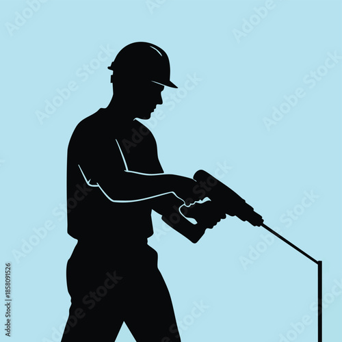 Construction Worker Silhouette with Jackhammer on Blue Background.