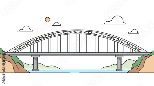 Simple line art illustration of a modern steel arch bridge spanning a river, with a calm landscape background.