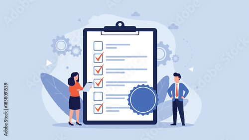 Business people standing by a large checklist on a clipboard with a quality seal, representing compliance and standards.
