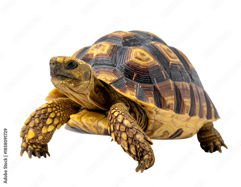 Fototapeta premium A detailed close-up of a tortoise with a patterned shell and scaly legs.