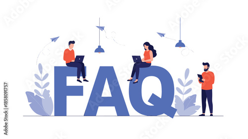 People using laptops and tablets around the large letters FAQ, representing customer support and information seeking.
