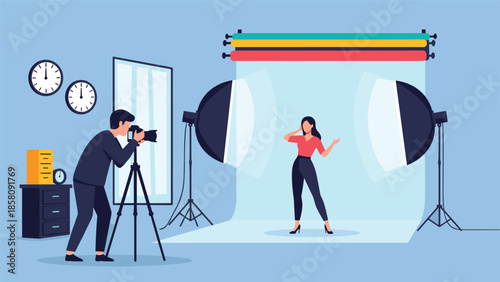 Photographer taking pictures of a professional model in a photo studio with lighting equipment and a backdrop.