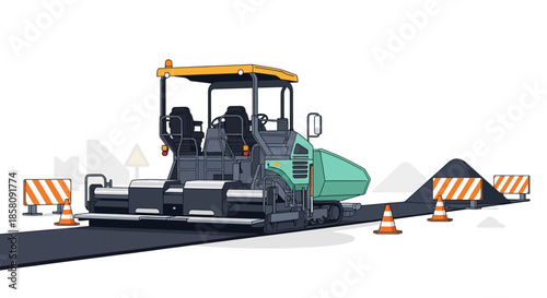 An asphalt paver machine laying fresh blacktop on a new road construction site with safety cones and barriers.