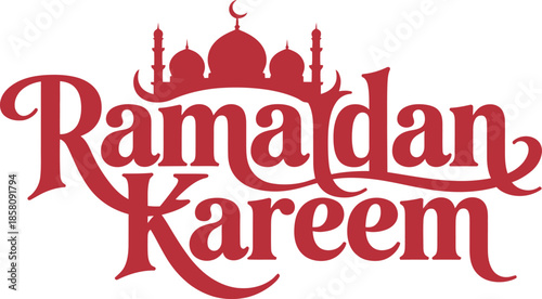 Red Ramadan Kareem calligraphy with mosque silhouette