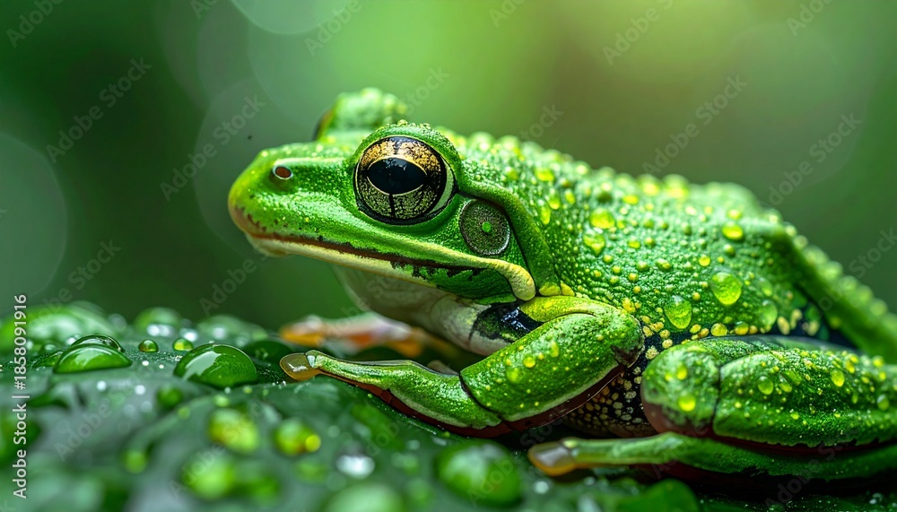 Fototapeta premium A close-up, vibrant green tree frog sits peacefully on a wet leaf, its skin glistening with tiny water droplets, surrounded by soft, blurred green foliage