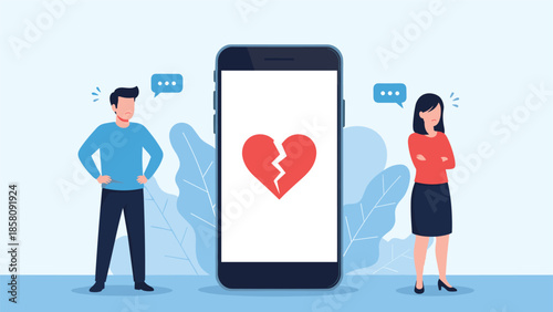 Couple breaking up via a mobile dating app, standing on either side of a phone with a broken heart icon.