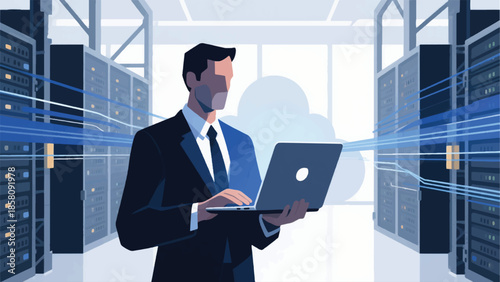 Illustration of a Data Center Technology Lead Holding a Laptop, Standing in a Server Warehouse Vector Design Template
